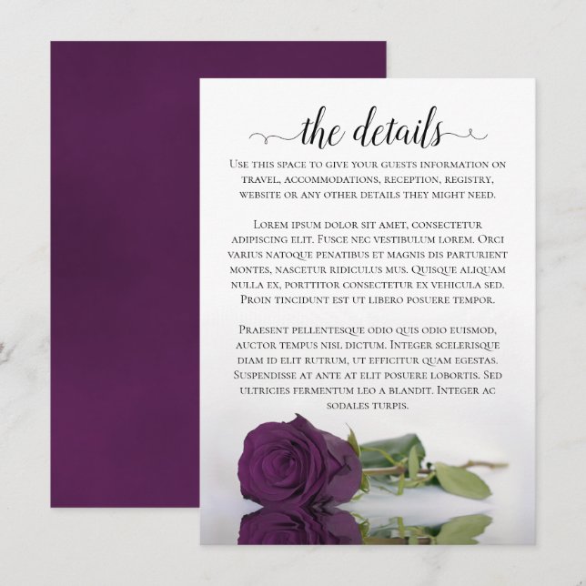Carte D'accompagnement Élégant Plum violet romantique Rose Détails Mariag (Devant / Derrière)