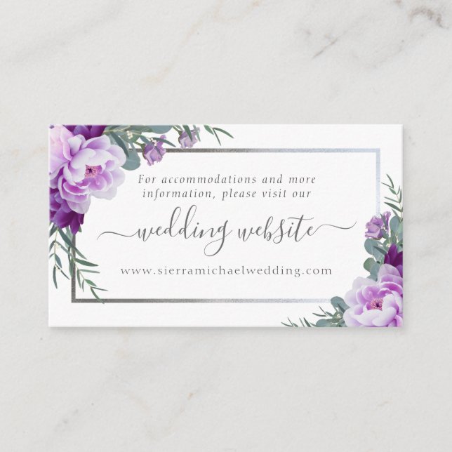 Carte D'accompagnement Élégant Purple & Silver Floral Mariage Website (Devant)