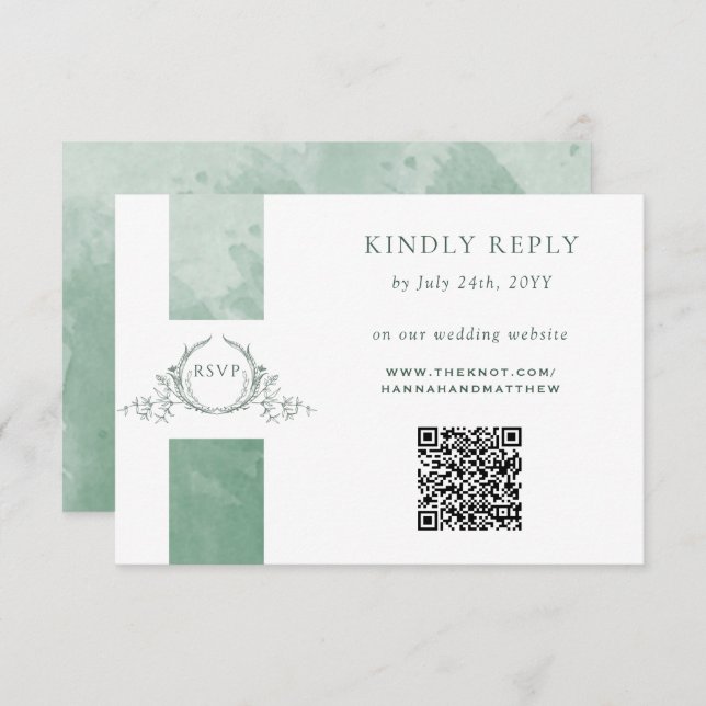 Carte D'accompagnement Elégant QR Code RSVP Green Monogram Mariage (Devant / Derrière)