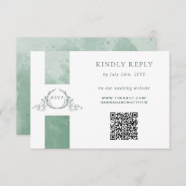 Carte D'accompagnement Elégant QR Code RSVP Green Monogram Mariage