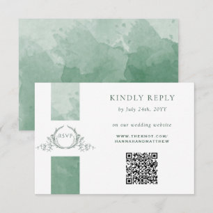 Carte D'accompagnement Elégant QR Code RSVP Green Monogram Mariage