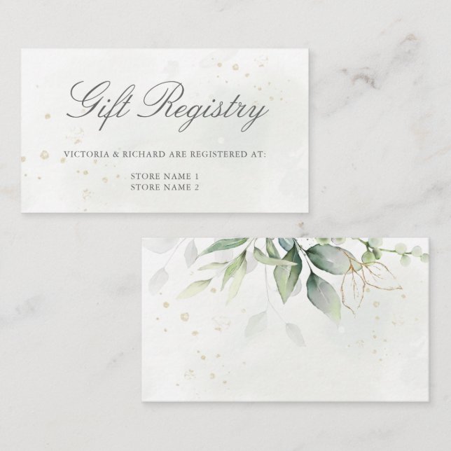 Carte D'accompagnement Élégant registre cadeau Eucalyptus Greenery Gold (Devant / Derrière)
