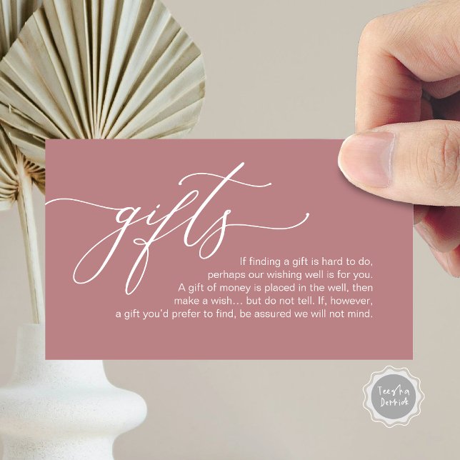 Carte D'accompagnement Élégant romantique, Une note cadeaux, argent compt (Elegant Romantic, A note on gifts, Honeymoon Fund, Money Cash Enclosure Card, in Dusty Rose scheme.)