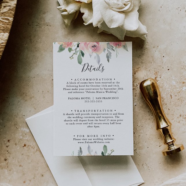 Carte D'accompagnement Elégant rose Blush Floral Détails du Mariage (Créateur téléchargé)