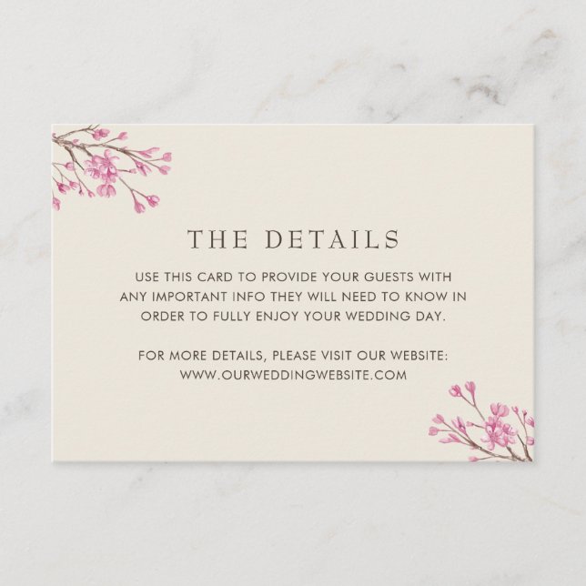 Carte D'accompagnement Elegant rose cerisier en fleurs Détails du Mariage (Devant)
