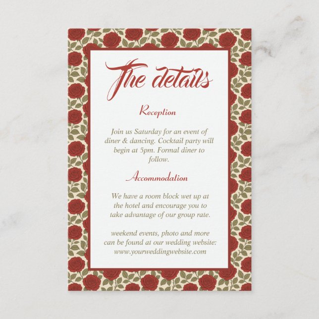 Carte D'accompagnement Elégant Rose rouge Floral Détails du Mariage (Devant)