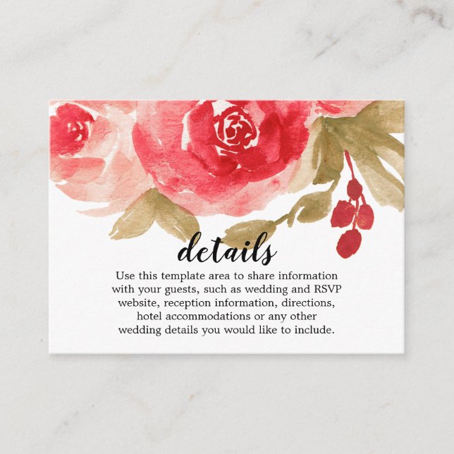 Carte D'accompagnement Elégant rouge Aquarelle Rose Détails du Mariage (Devant)