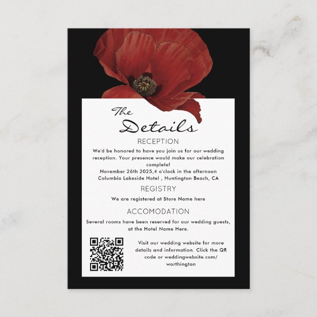 Carte D'accompagnement Elegant Rouge Floral QR Code Mariage Détails du cl (Devant)