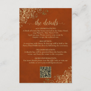 Carte D'accompagnement Elégant rouille Orange & Or Mariage QR Code Détail