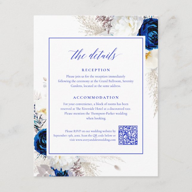 Carte D'accompagnement Elégant Royal Blue Flowers Détails RSVP QR Code (Devant)