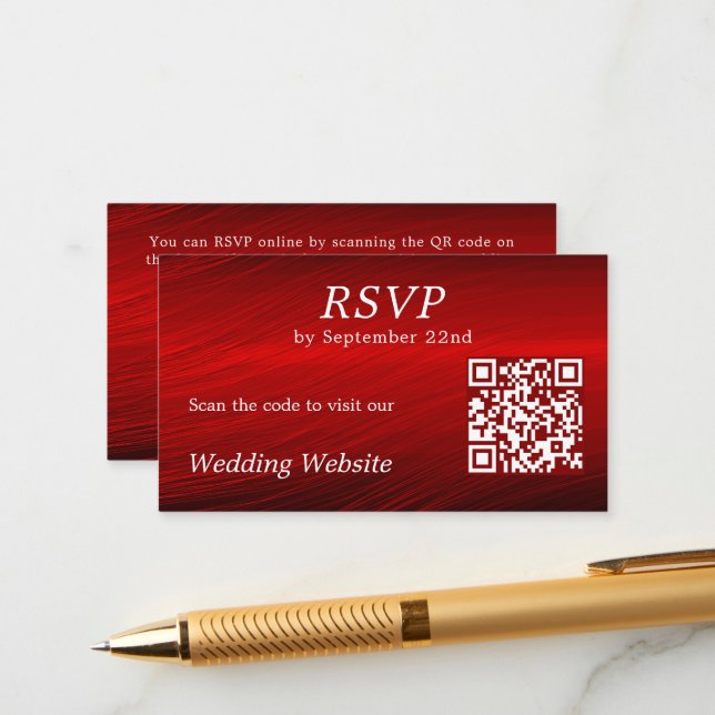 Carte D'accompagnement Elegant Ruby Red RSVP Mariage site web QR Code (Devant/Arrière en situation)