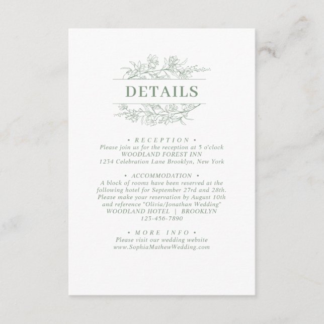 Carte D'accompagnement Elégant Sage Green Floral Wreath Détails du Mariag (Devant)