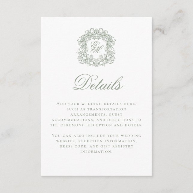 Carte D'accompagnement Elegant Sage Green Monogram Crest Wedding Details (Devant)