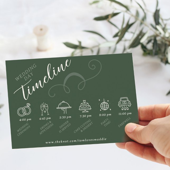 Carte D'accompagnement Élégant script de pente Mariage vert foncé (Elegant modern slant script  dark moss green wedding day website timeline itinerary enclosure card )