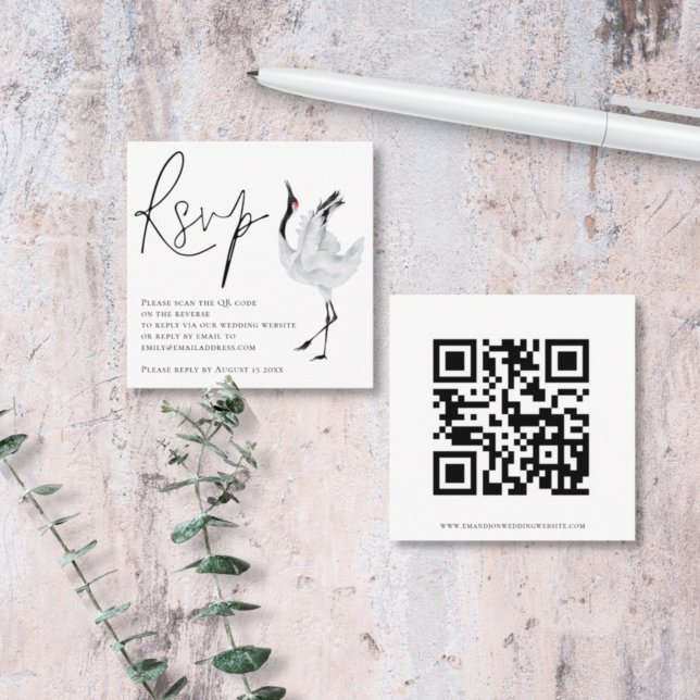 Carte D'accompagnement Élégant script d'oiseaux de grue QR Code Mariage R (Créateur téléchargé)