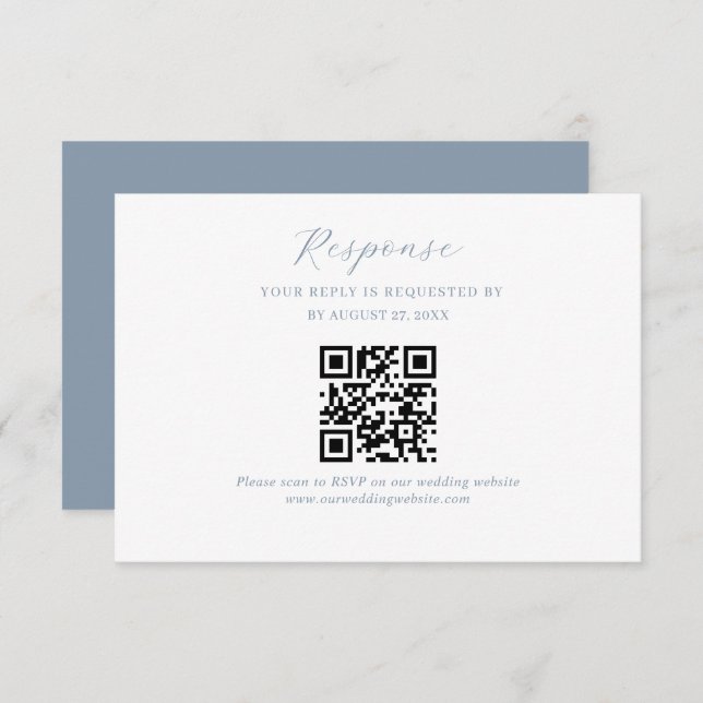 Carte D'accompagnement Élégant Script Dusty Blue Mariage QR Code Rsvp (Devant / Derrière)