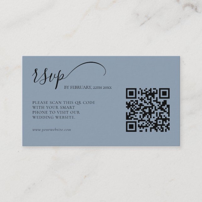 Carte D'accompagnement Élégant script Dusty Blue RSVP QR Code Mariage (Devant)