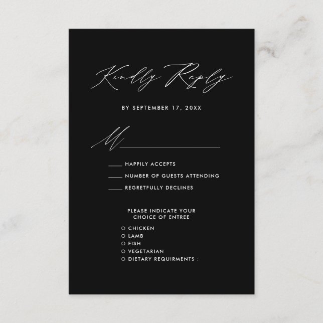Carte D'accompagnement Élégant Script moderne Noir Simple Mariage RSVP (Devant)