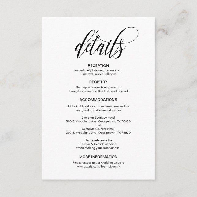 Carte D'accompagnement Élégant, Script Noir, Nos Détails Mariages (Devant)