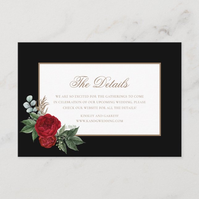 Carte D'accompagnement Élégant Script Red Peonies Black & Gold Détails (Devant)