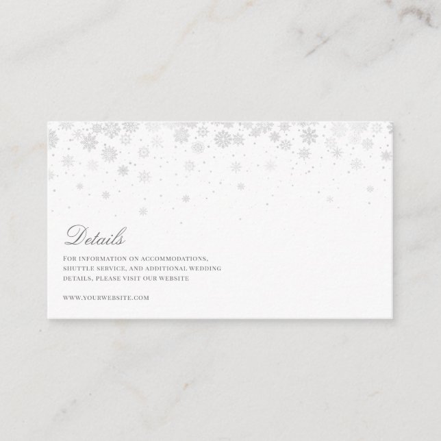 Carte D'accompagnement Élégant Script Snowflakes Détails du Mariage (Devant)