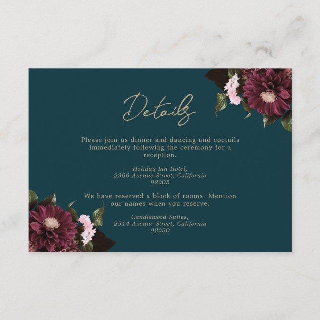 Carte D'accompagnement Élégant Turquoise foncé Bourgogne Floral Mariage (Devant)