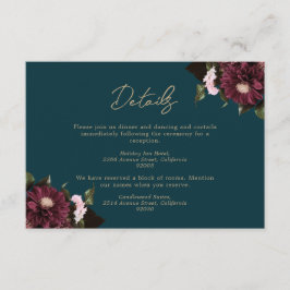 Carte D'accompagnement Élégant Turquoise foncé Bourgogne Floral Mariage