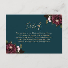 Carte D'accompagnement Élégant Turquoise foncé Bourgogne Floral Mariage