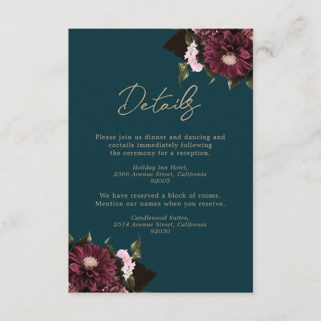 Carte D'accompagnement Élégant Turquoise foncé Bourgogne Floral Mariage (Devant)
