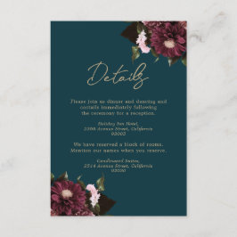 Carte D'accompagnement Élégant Turquoise foncé Bourgogne Floral Mariage