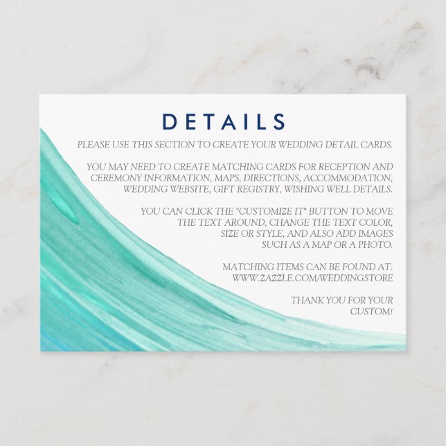 Carte D'accompagnement Elégant Turquoise Tides Beach Mariage Détail (Devant)