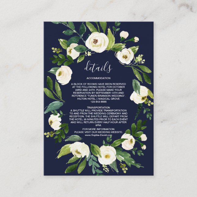 Carte D'accompagnement Elégante aquarelle blanc Floral bleu foncé Détails (Devant)