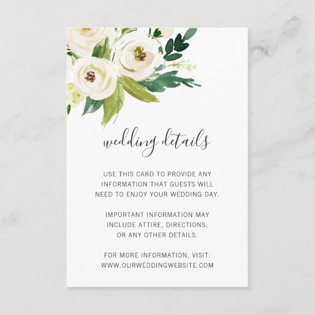 Carte D'accompagnement Elégante aquarelle blanche Détails du Mariage Flor (Devant)