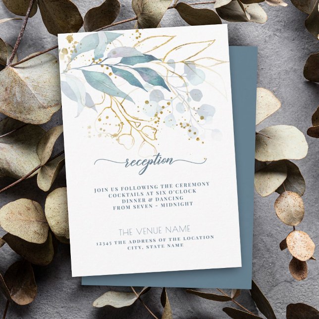 Carte D'accompagnement Elégante aquarelle florale Dusty Blue Gold Recepti (Elegant dusty blue greenery with gold accent makes the perfect reception card for your boho wedding)