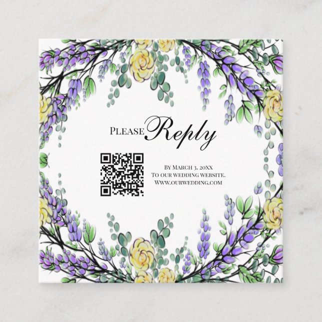 Carte D'accompagnement Elégante aquarelle jaune rose lavande RSVP QR (Devant)