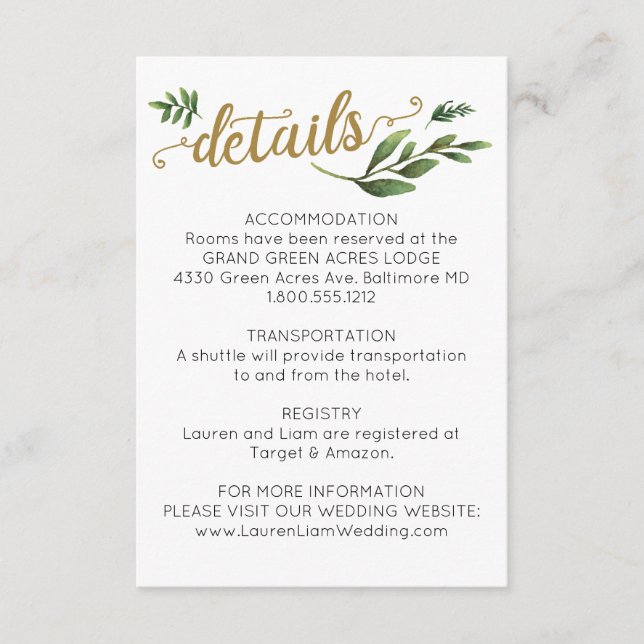 Carte D'accompagnement Elégante aquarelle verdure Détails Mariage (Devant)