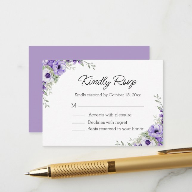 Carte D'accompagnement élégante aquarelle violet fleuri mariage rsvp (Devant/Arrière en situation)