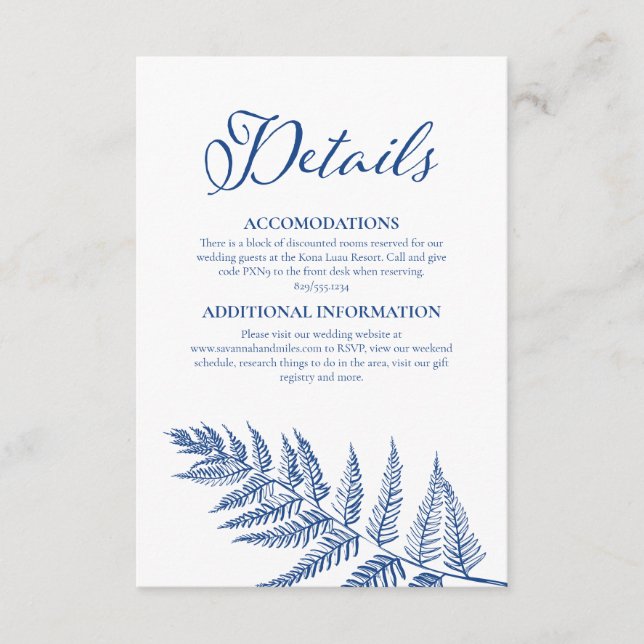 Carte D'accompagnement Élégante calligraphie blanc & Mariage bleu Marseil (Devant)