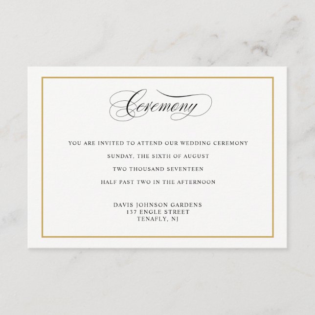 Carte D'accompagnement Élégante Calligraphie Gold Ceremony Directions (Devant)