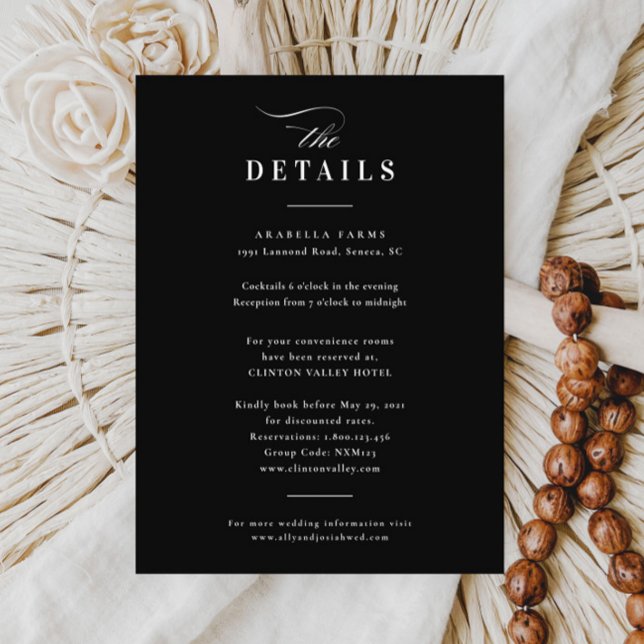 Carte D'accompagnement Élégante calligraphie noir & blanc Détails du Mari (Elegant black and white wedding details enclosure cards.)