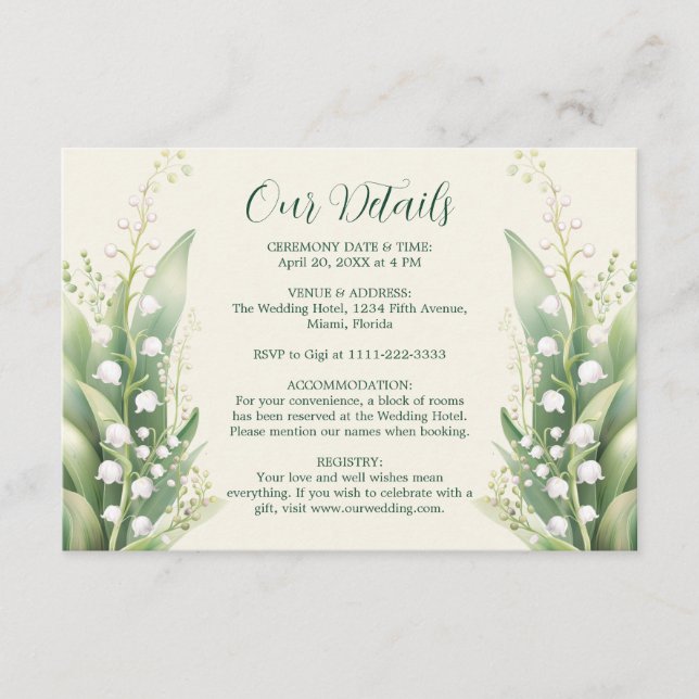 Carte D'accompagnement Elégante Lily de la vallée Mariage Horiz (Devant)