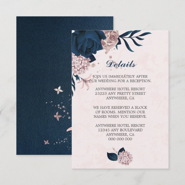 Carte D'accompagnement Elégante marine et fleurs roses marine détails feu (Devant / Derrière)