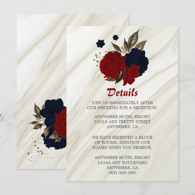 Carte D'accompagnement Elégante marine & fleurs rouges détails (Devant / Derrière)