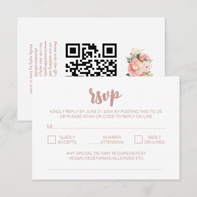 Carte D'accompagnement Elégante Peonies modernes Mariage blanc QR Code RS (Devant / Derrière)