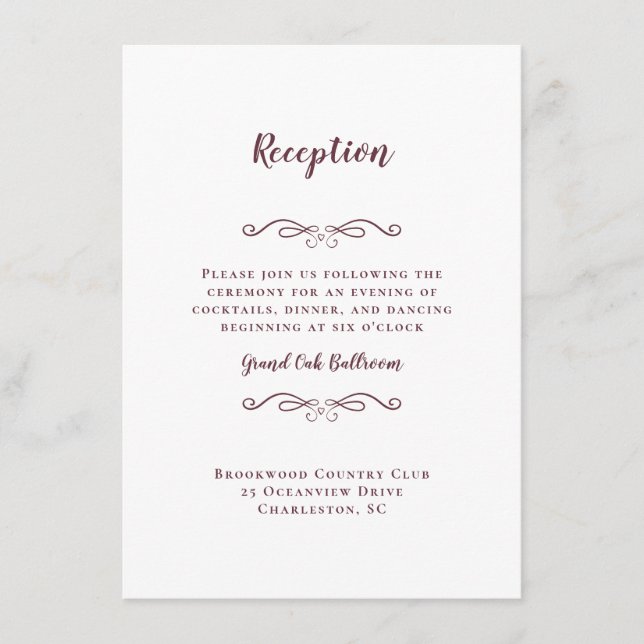 Carte D'accompagnement Elégante Réception De Mariage Bourgogne Blanc Chic (Devant)
