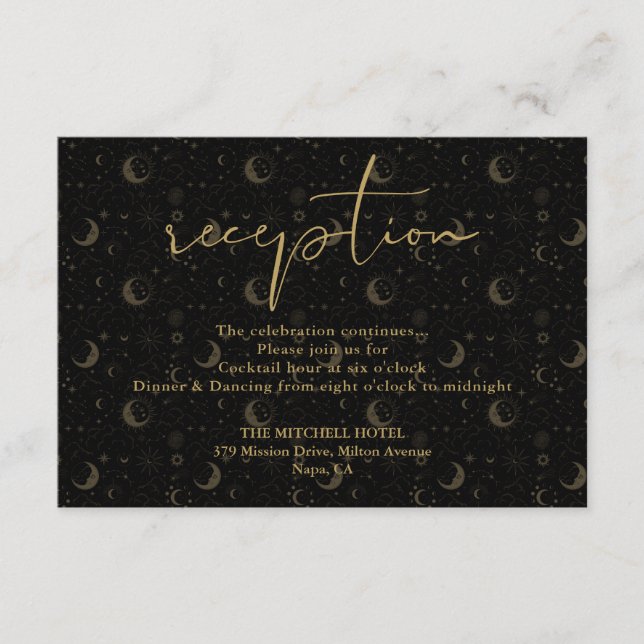 Carte D'accompagnement Elégante Réception De Mariage Céleste Noir Et Or (Devant)