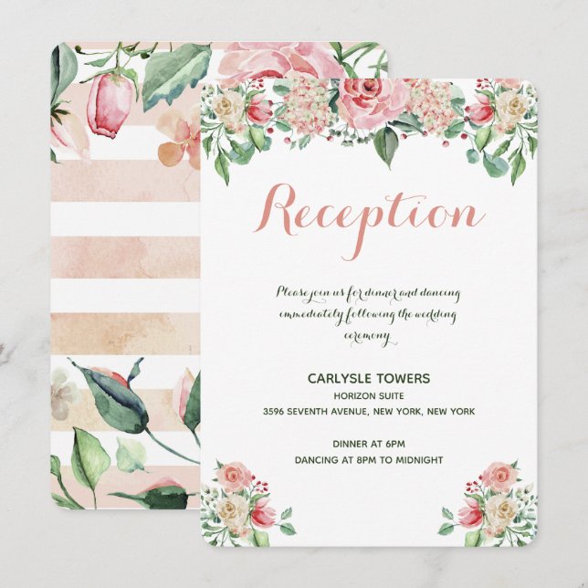 Carte D'accompagnement Elégante Réception De Mariage Florale Rose-Bleu (Devant / Derrière)