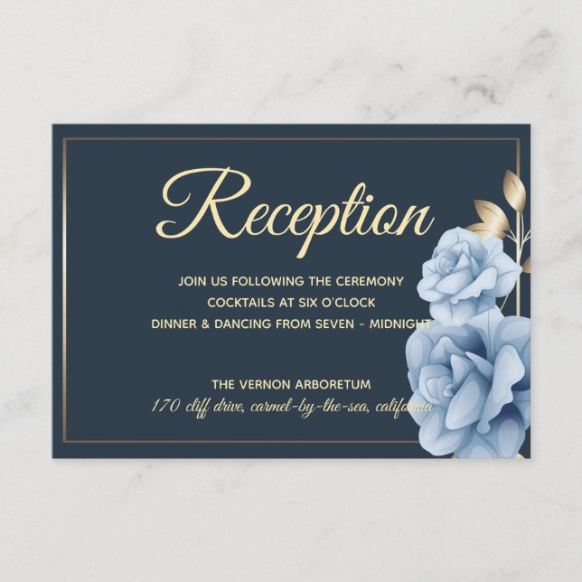 Carte D'accompagnement Elégante Réception de mariage Mi-nuit bleu floral (Devant)