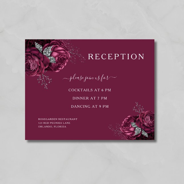 Carte D'accompagnement Elégante Réception Florale Bourgogne (Elegant Burgundy Floral Reception Enclosure Card)
