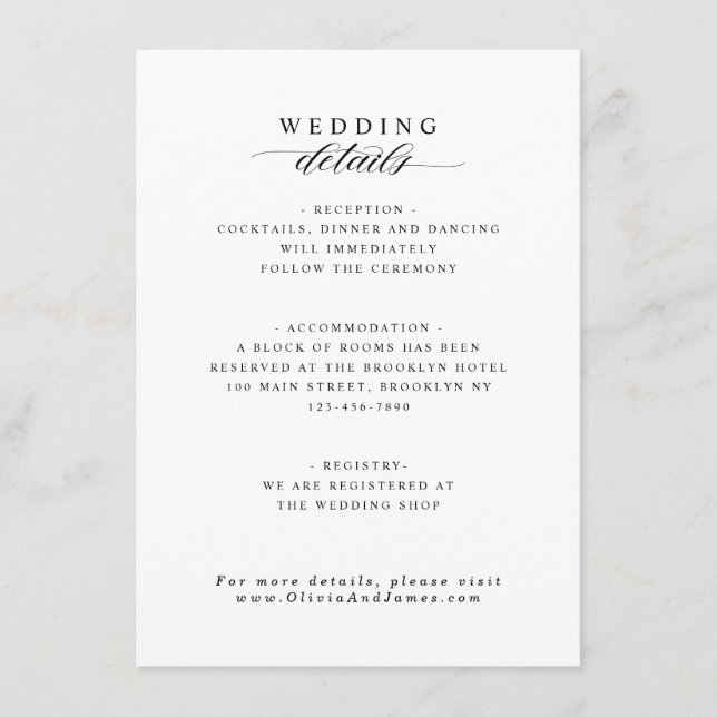 Carte D'accompagnement Elégante Réception Hébergement Détails Mariage (Devant)